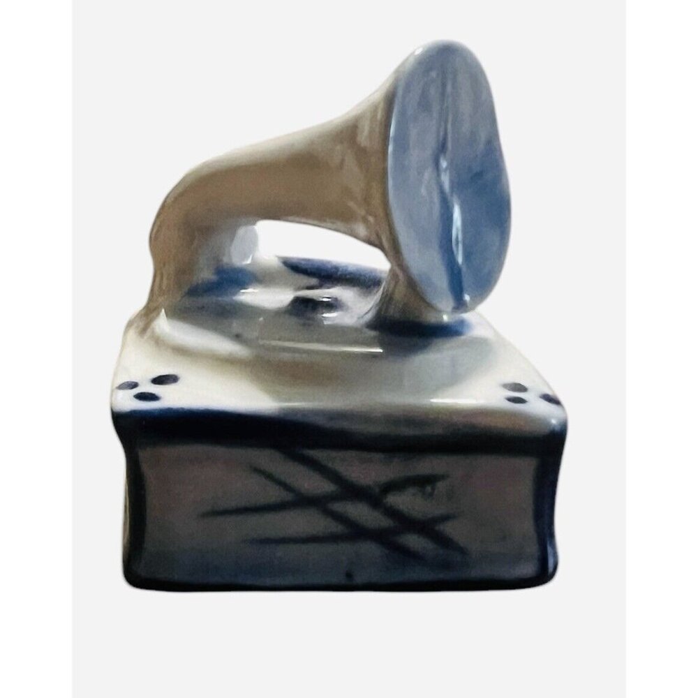 Delft Gramaphone Record Player Figurine Hand Painted Porcelain Blue White Dutch